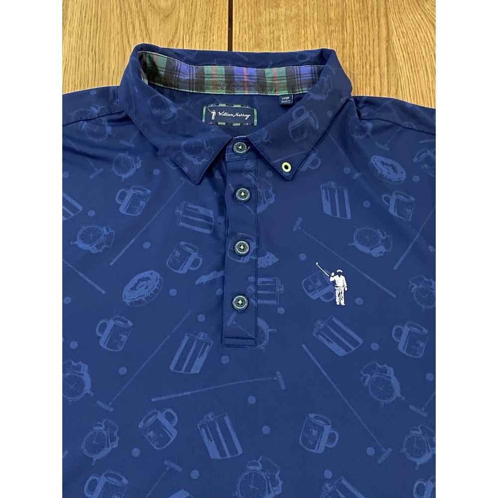 William Murray Polo Shirt Men Large Blue Golf Performance Stretch All Over Print